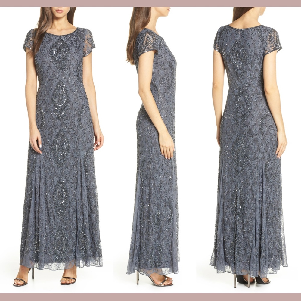 NWT Pisarro Nights Cap‎ Sleeve Beaded Lace Gown in Slate [Petite SZ 6P ] #